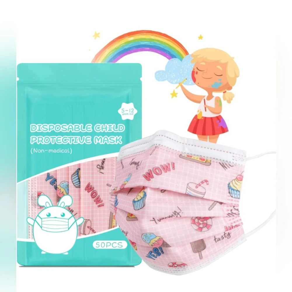 New Assacalynn Disposable Kids Face Mask 50 Pcs Pink 5-12 Years Old.